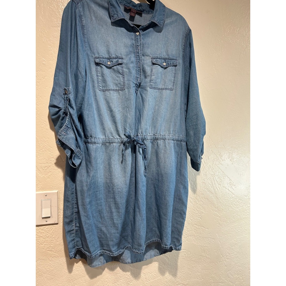 Gloria‎ Vanderbilt Blue Denim Shirt Dress Drawstring Waist Roll Tab Sleeve Large